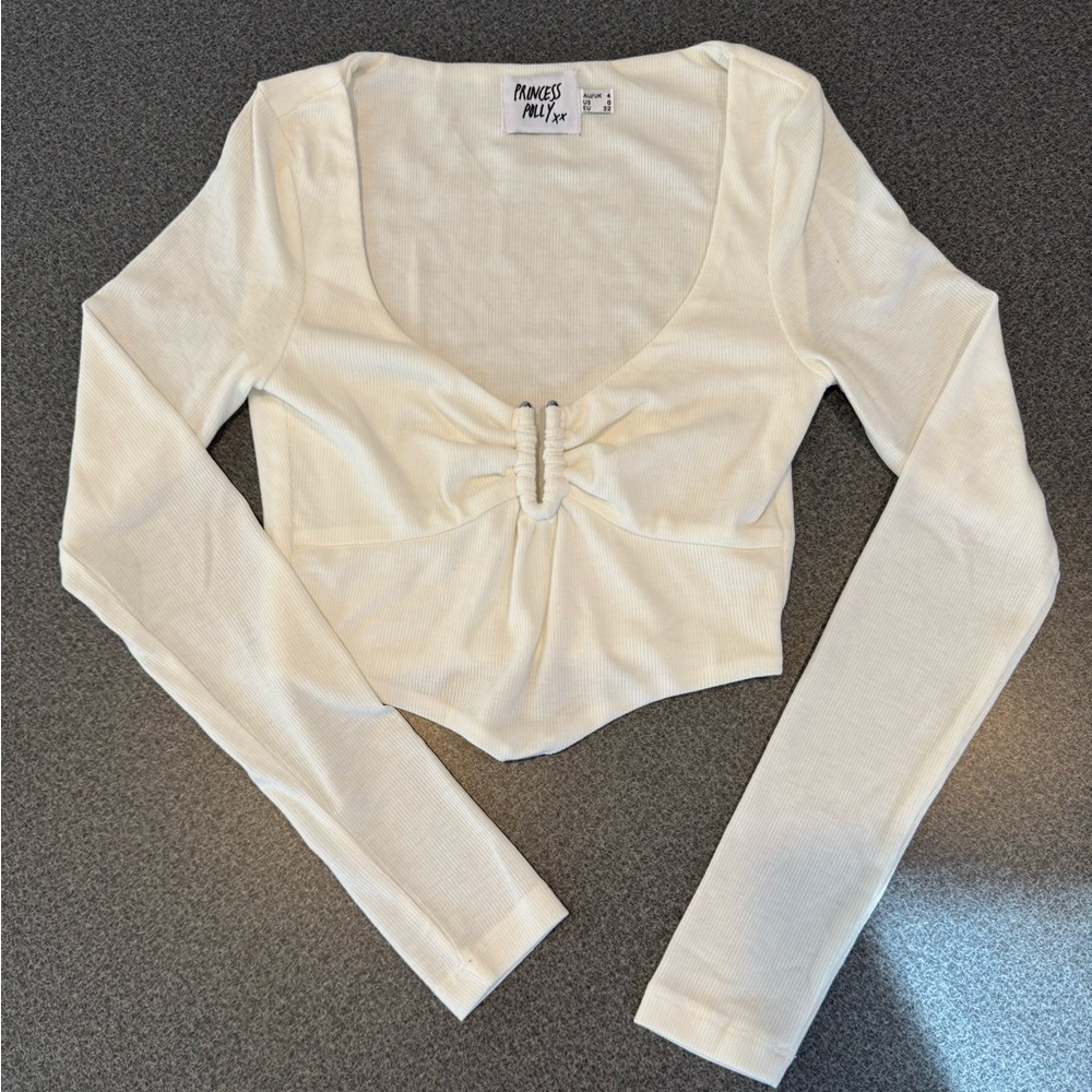 Princess Polly Cream Long Sleeve Crop Top
